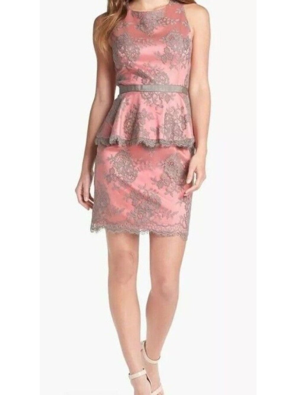 Eliza J Pink Coral & Gray Lace Sleeveless Peplum Hem Dress Size 10